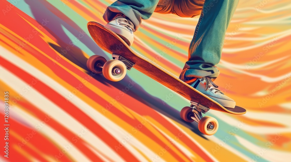 Poster a dynamic close-up of a skateboarder gliding on a colorful, abstract wave-patterned surface. the viv