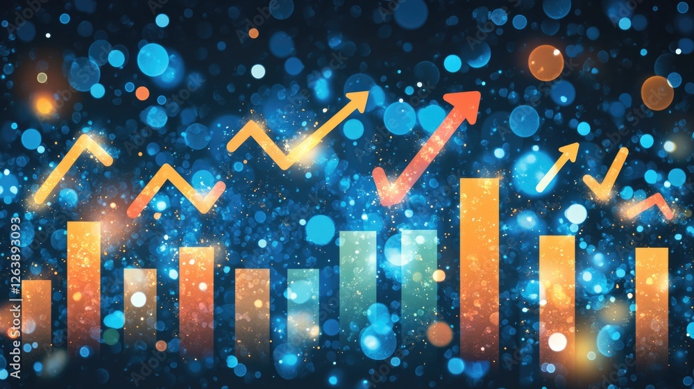 Poster colorful bar graph with rising arrows and bokeh lights on dark background
