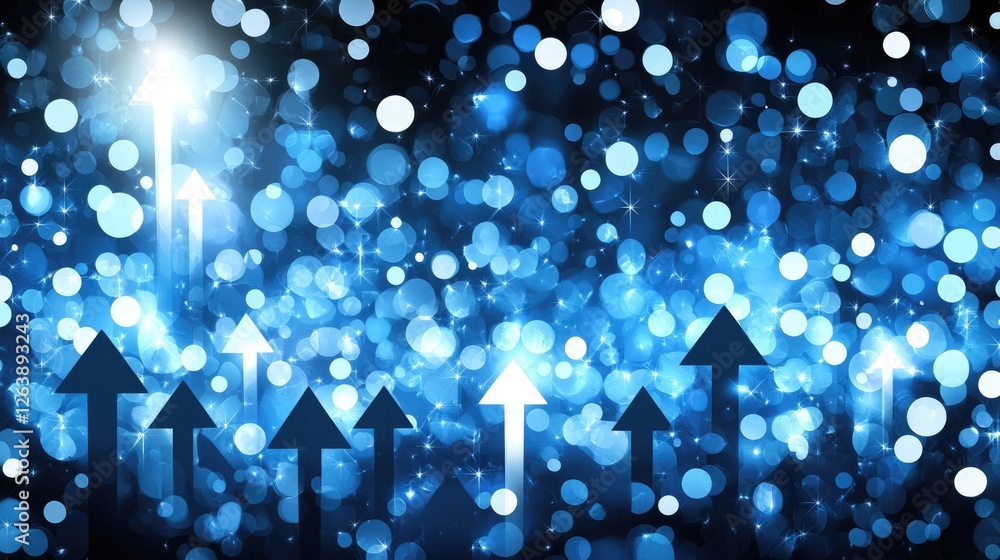 Poster abstract blue bokeh background with upward arrows and sparkling lights