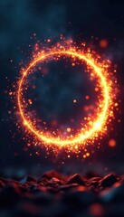 Radiant sparks and flames bursting out of a circular shape in the air , circular explosion, flames, pyrotechnic