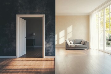 Fototapeta premium Contrast of dark vintage decor and bright modern living room design showcasing renovation transformation in interior style. Generative AI