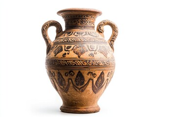 Ancient terracotta pottery vase with intricate floral and geometric designs on a white background, showcasing craftsmanship and historical value