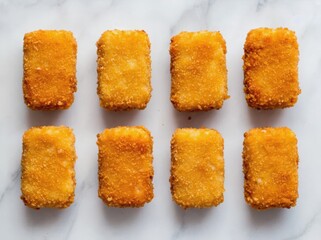 Eight Golden Fried Cheese Cubes on Marble Surface