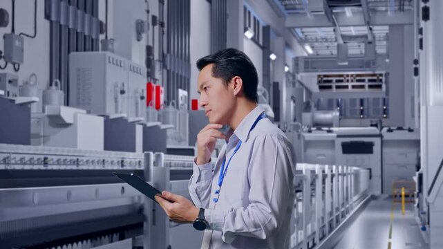 Side View Of An Asian Male Professional Worker At Pharmaceutical Factory, Vaccine Production Facility, Observes By Looking Up Before He Come To Concentrating On The Tablet And Keep On Checking