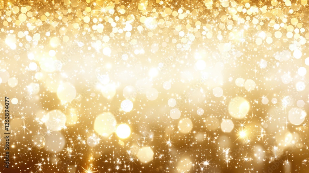Poster golden glitter background with bright sparkling light bokeh and shimmering particles
