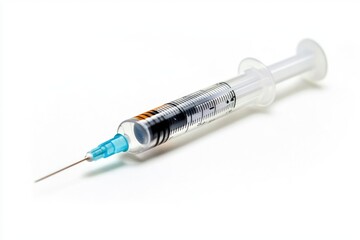 Close-up of a medical syringe with a clear plastic body, graduated scale, and blue needle, showcasing sterile healthcare equipment for injections and vaccinations