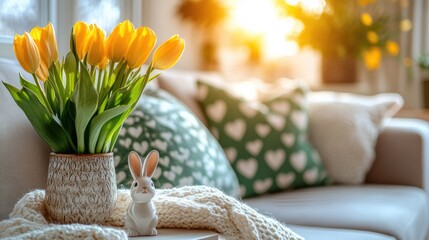 Cozy living room with yellow tulips and ceramic bunny decor in sunlight. Easter, Pascha, Paskha, Ostern, Pascua, Paques - Orthodox and Catholic Holiday celebration