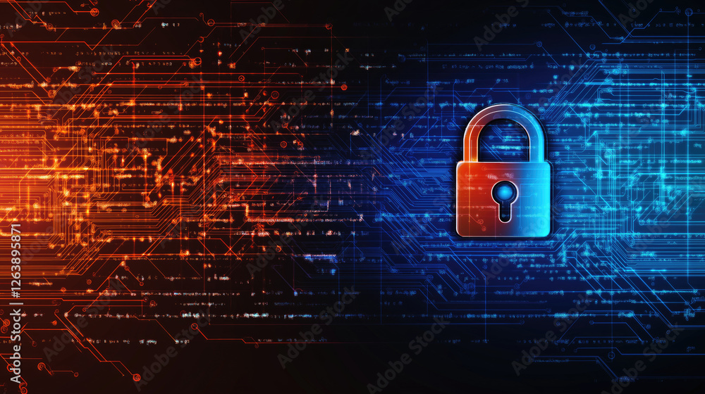 Poster digital security concept with padlock on red and blue technological circuit background