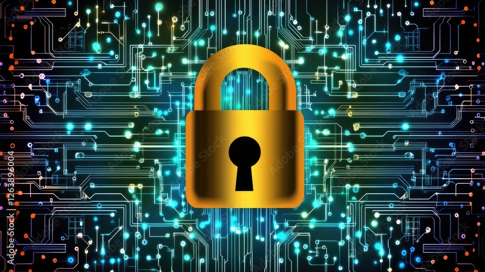 Poster golden padlock highlighted on digital circuit background with glowing connections