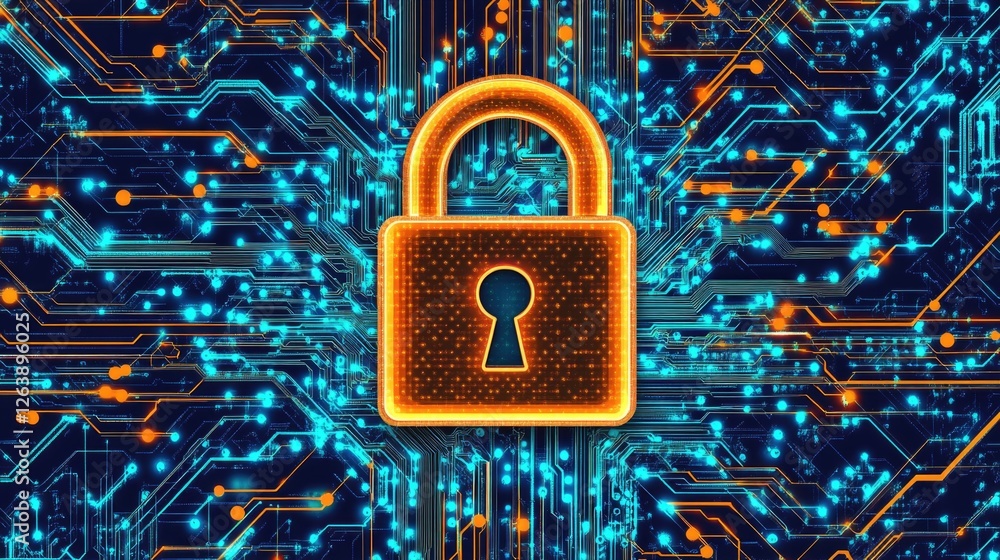Poster glowing orange padlock on a blue circuit board background representing cybersecurity and data protec