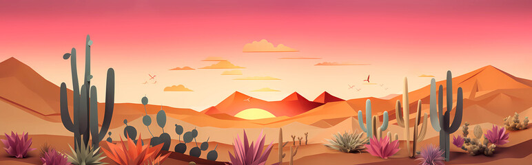 Vibrant Cut paper art of a desert landscape with a colorful variety of cactus 