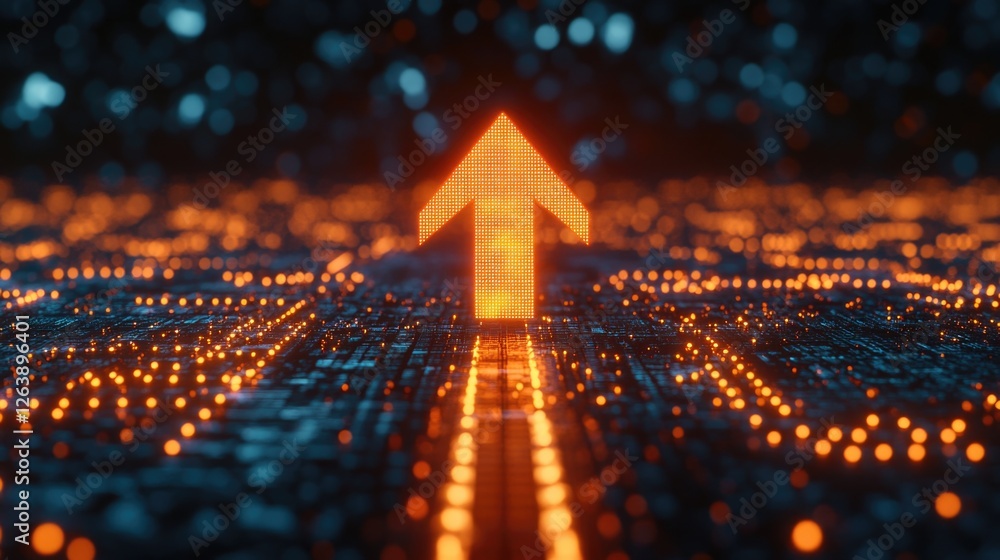 Poster glowing orange digital arrow pointing upward in futuristic technological setting
