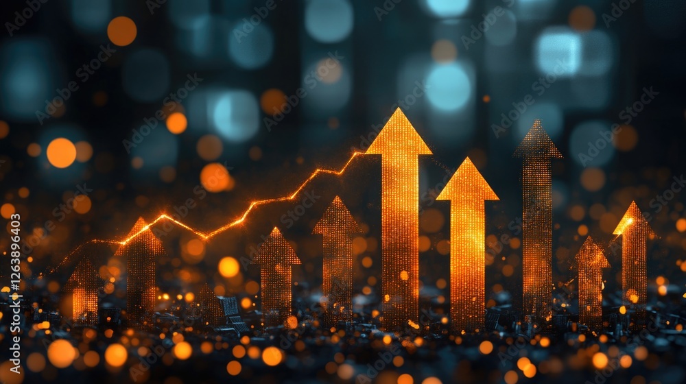 Poster digital growth chart with orange arrows and glowing bokeh background