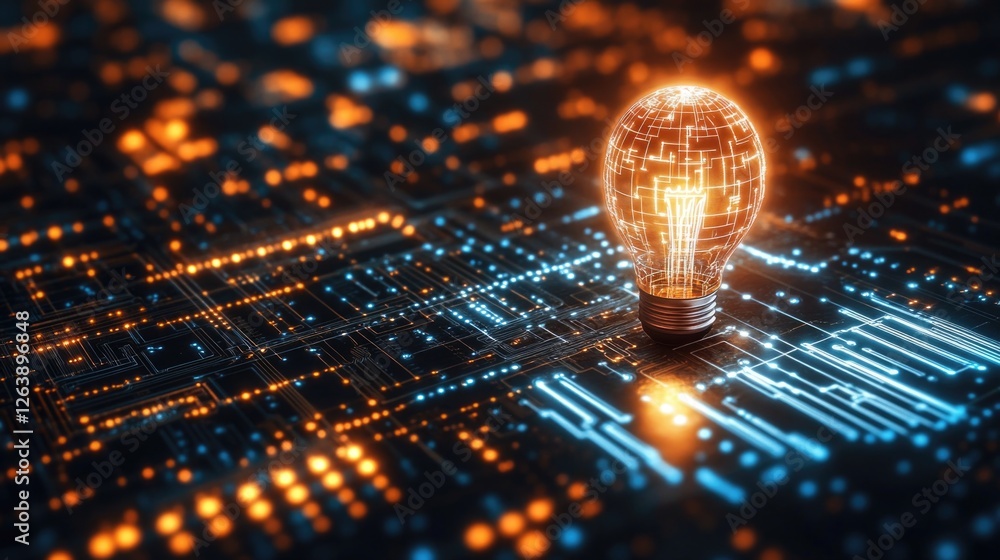 Poster glowing lightbulb on futuristic circuit board with digital patterns