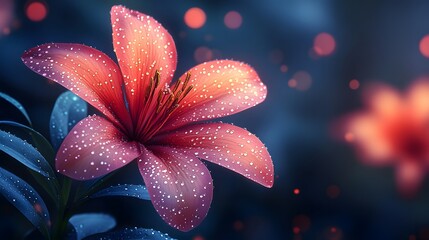 Crimson lily adorned with sparkling droplets in a dreamy backdrop of lights