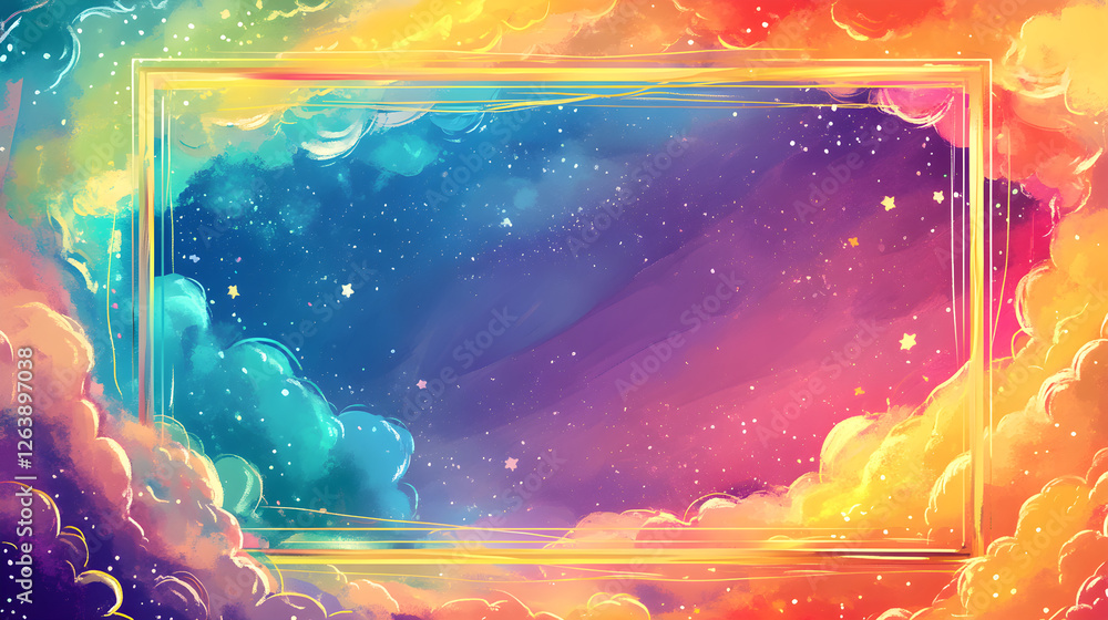 Poster rectangular frame bordered with rainbow trails and golden clouds