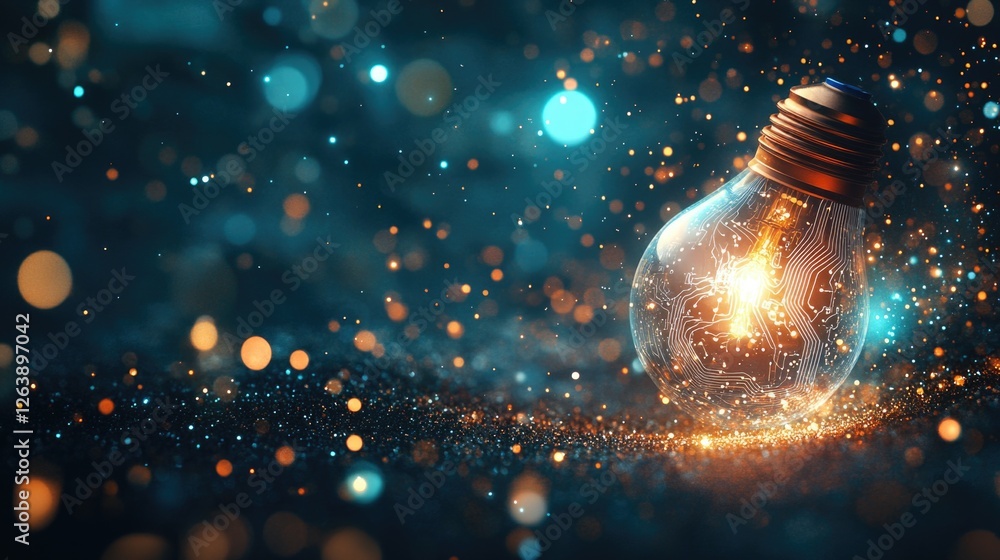Poster glowing light bulb with circuit pattern amidst sparkling particles