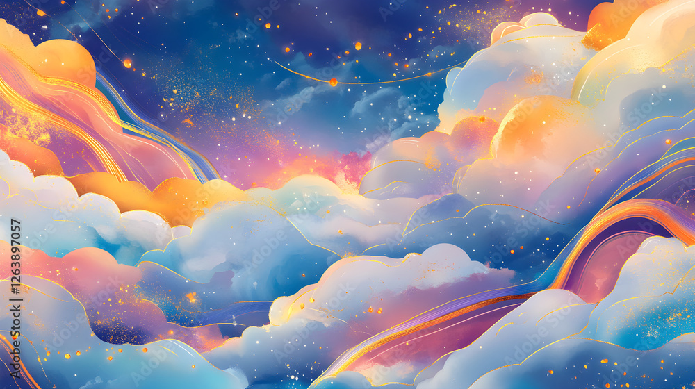Poster rectangular frame bordered with rainbow trails and golden clouds