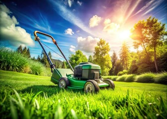 Fototapeta premium Sleek mower, lush green lawn. Summer yard work captured in vibrant photography.
