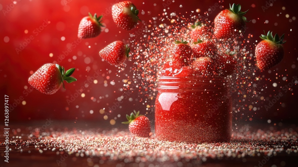 Poster exploding fresh strawberries in a glass jar with sprinkles on red background