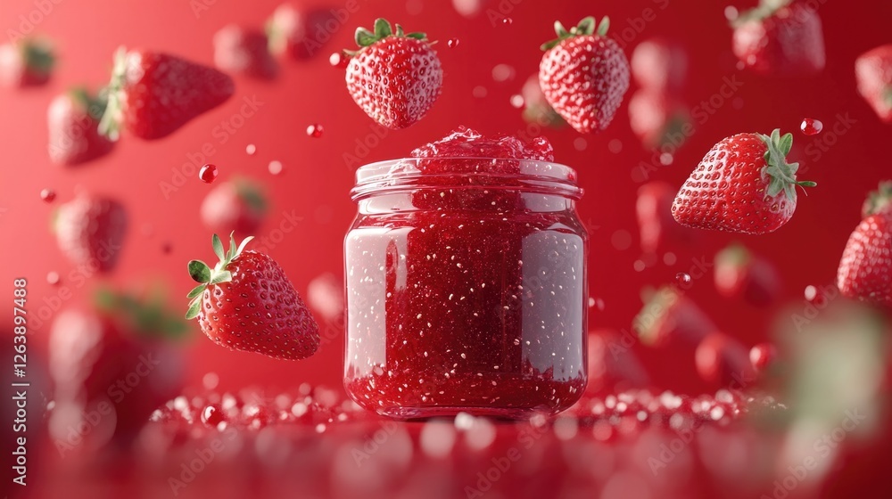 Poster vibrant floating strawberries and jam in a jar against a red background