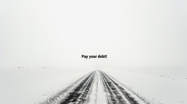 A desolate snowy road fades into the horizon, featuring bold text Pay your debt! at the center. The stark landscape emphasizes focus and reflection. AI generated.