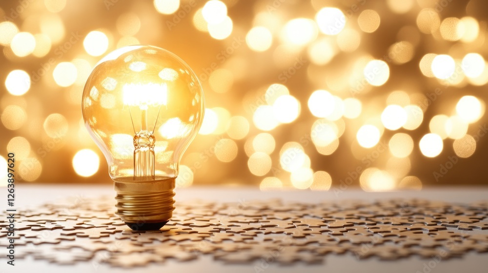 Poster illuminated lightbulb on puzzle pieces with golden bokeh background