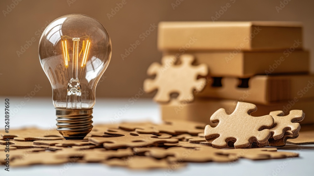 Poster light bulb illuminates jigsaw puzzle with stacked boxes in background