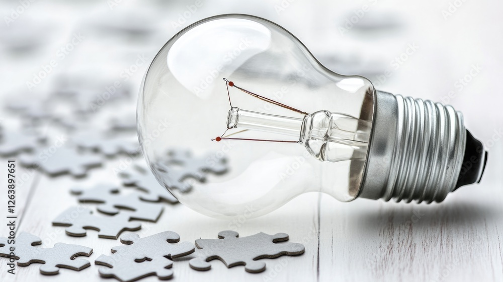 Poster light bulb and puzzle pieces representing innovation and problem solving