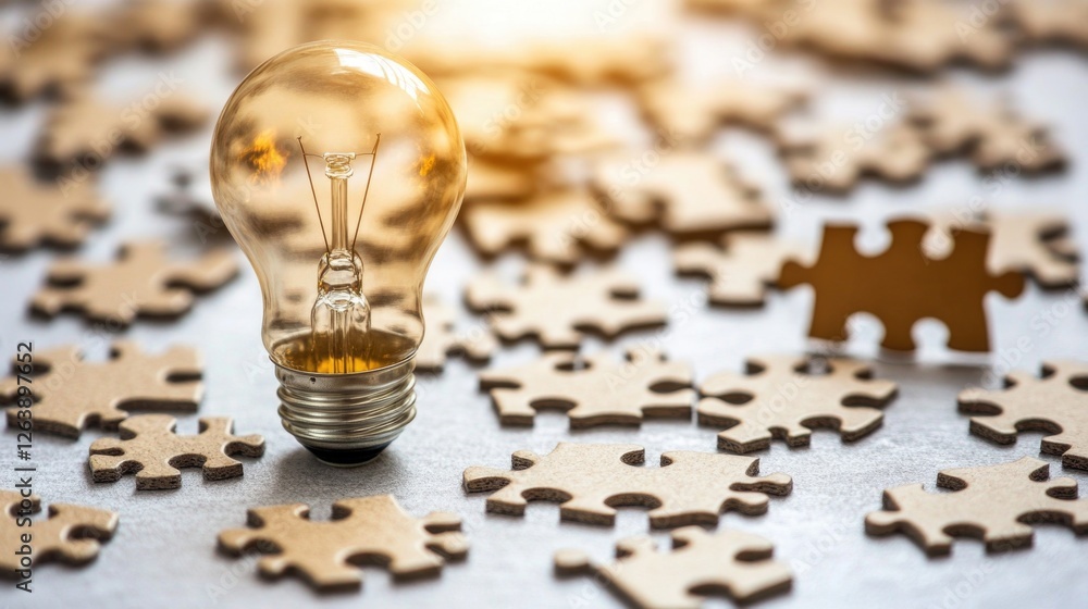 Poster light bulb with puzzle pieces representing innovation and problem solving
