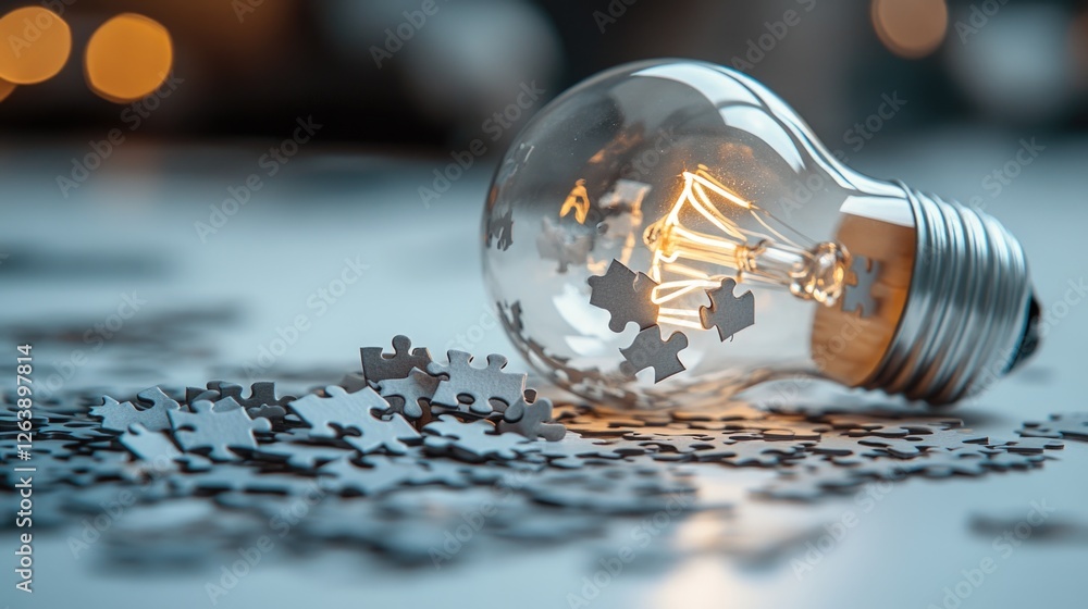 Poster lit puzzle pieces inside light bulb on table