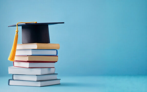 Graduation cap on stack of books against blue background symbolizing academic success and higher education achievement