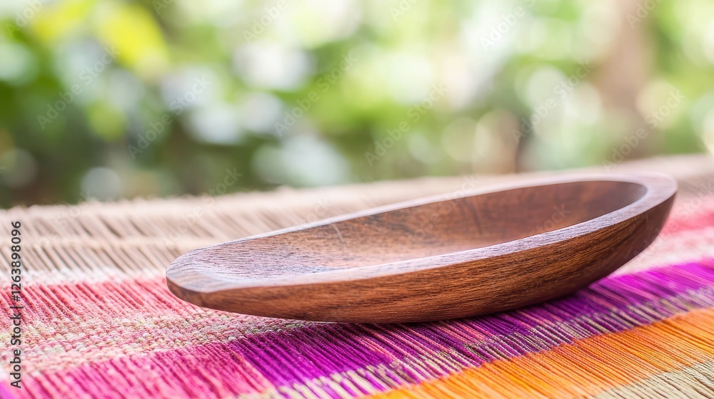 Wall mural Elegant Wooden Bowl on Colorful Textile Background in Natural Light