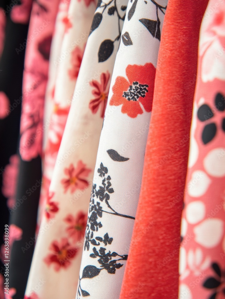 Poster exploring vibrant patterned fabrics with floral and geometric designs in a colorful textile showcase