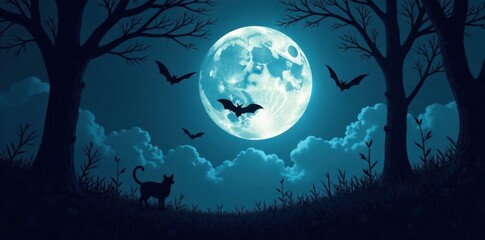 Dark silhouettes of bats against a full moon in a spooky forest, forest, shadows