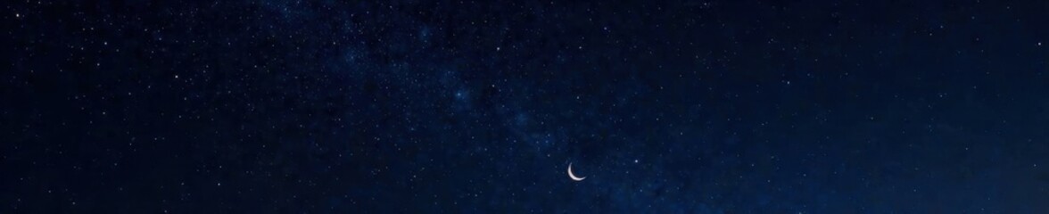 Fototapeta premium Dark starry night sky with scattered stars and a crescent moon on a black background, universe, void