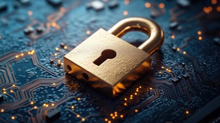 Gold padlock on circuit board symbolizing cybersecurity and data protection