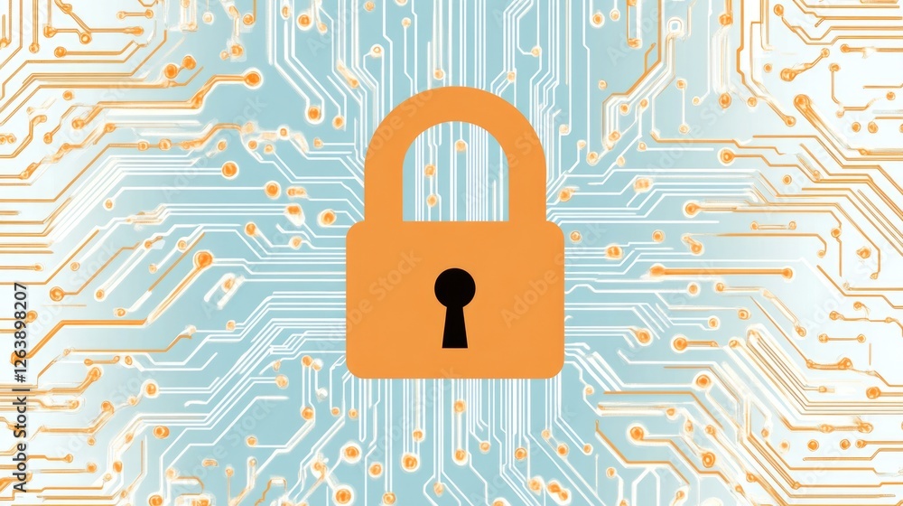 Poster orange padlock symbol on circuit board background representing cybersecurity concept