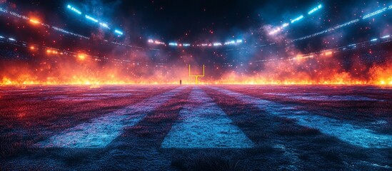 A dramatic football field illuminated by vibrant lights and flames, creating an intense atmosphere