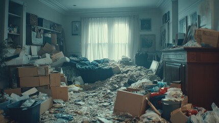 Messy room with piles of clutter and boxes in disorganized setting