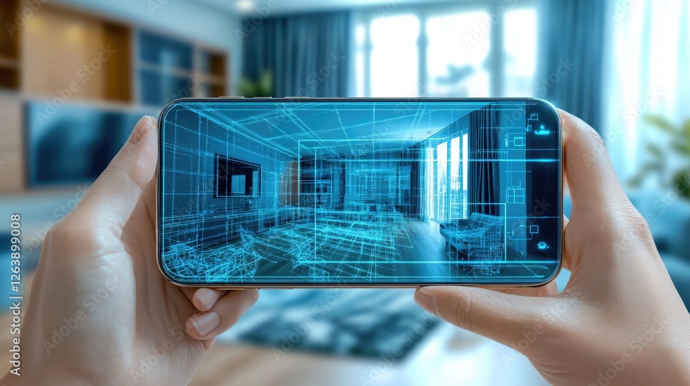 Poster augmented reality app displaying virtual home design on smartphone screen