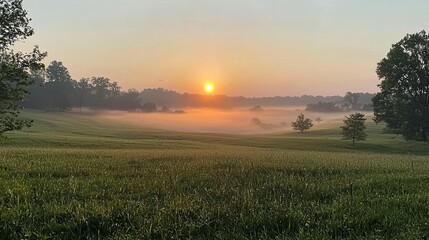 Fototapeta premium Serene Sunrise Over Foggy Meadow Landscape