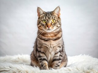 Obraz premium Studio shot: A grey tabby cat floats against a stark white background, a stunning aerial feline portrait.
