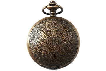 Vintage Antique Pocket Watch with Intricate Floral Engravings on Brass Surface, Captivating Design Suitable for Collectors and Enthusiasts