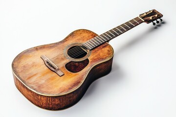Fototapeta premium Vintage Acoustic Guitar with Rustic Wood Finish and Traditional Design, Isolated on White Background, Perfect for Music Lovers and Musicians