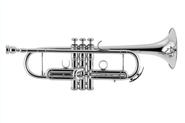 Naklejka premium Shiny Silver Trumpet on White Background Showcasing Detailed Valves and Design for Music Photography, Instrument Collection, and Educational Purposes