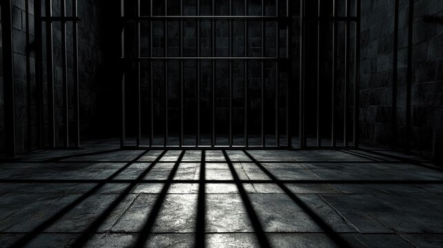 Dimly lit empty prison cell with iron bars and shadow patterns on floor