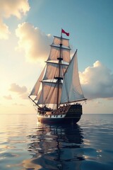 Obraz premium Sailing ship on calm waters, wave, ocean, sail