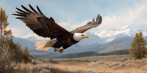Fototapeta premium Bald eagle soaring, mountains backdrop. Wildlife, nature
