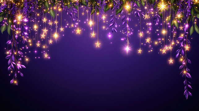 Enchanted garden: glowing stars and purple foliage on night sky background
